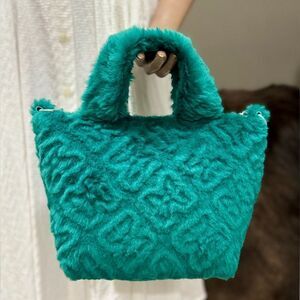 Turquoise Handmade Real Embossed Shearling Top Handle Bag, Fur Tote, Crossbody